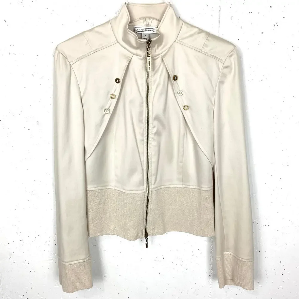 St. John Sport Full Zip Jacket Cotton Stretch Blend 2 Way Zipper Tan Size P
